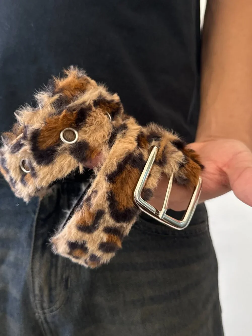 Plush Leopard Faux Fur Silver Buckle Belt